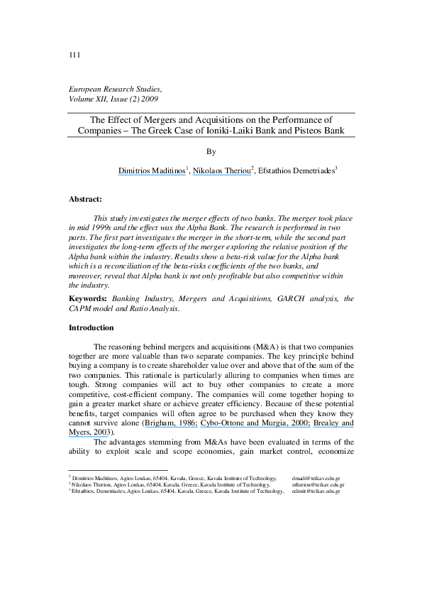 (PDF) The Effect of Mergers and Acquisitions on the Performance of ...