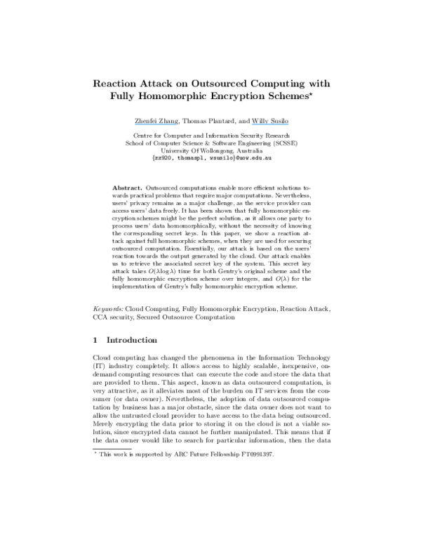 (PDF) Reaction Attack on Outsourced Computing with Fully Homomorphic ...