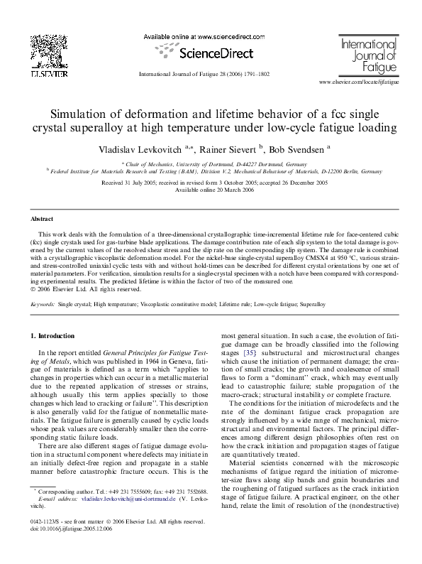 (PDF) Simulation of deformation and lifetime behavior of a fcc single ...