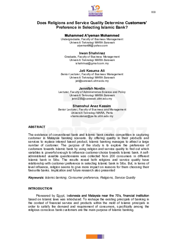 Pdf Does Religions And Service Quality Determine Customer Preference In Selecting Islamic Bank Assoc Prof Dr Jati Kasuma Noordin Jennifah And Shamshul Anaz Kassim Academia Edu