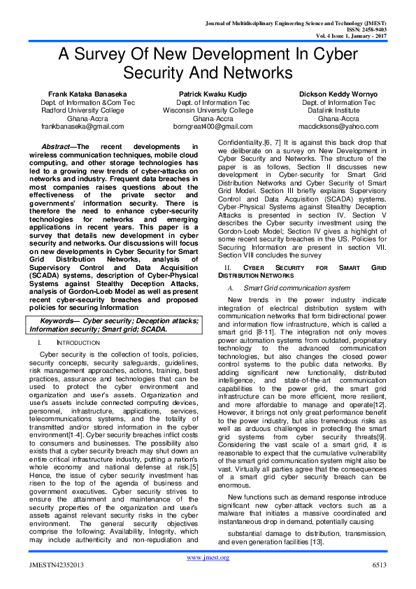 (PDF) A Survey Of New Development In Cyber Security And Networks