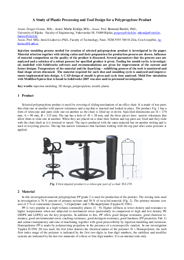 (PDF) A Study of Plastic Processing and Tool Design for a Polypropylene Product Goran Gregov