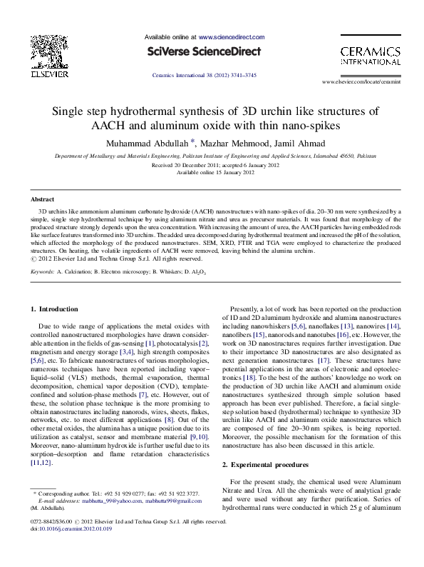 (PDF) Single step hydrothermal synthesis of 3D urchin like structures ...