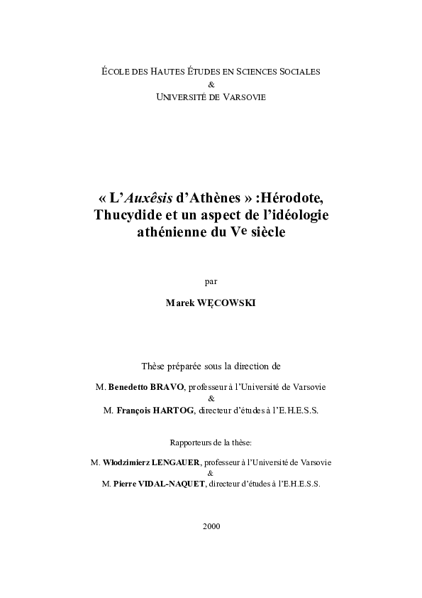 Pdf L Auxesis D Athenes Herodote Thucydide Et Un Aspect De L Ideologie Athenienne Du Ve Siecle Marek Wecowski Academia Edu