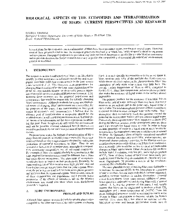 Pdf Biological Aspects Of The Ecopoeisis And Terraformation Of Mars Current Perspectives And Research David Thomas Academia Edu
