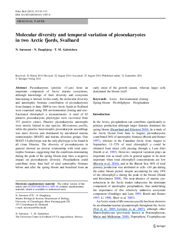 (PDF) Molecular diversity and temporal variation of picoeukaryotes in ...
