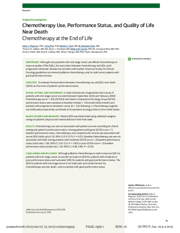 (PDF) Chemotherapy Use, Performance Status, and Quality of Life at the ...