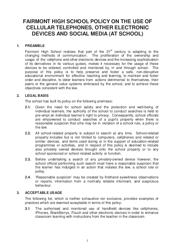 (PDF) FAIRMONT HIGH SCHOOL POLICY ON THE USE OF CELLULAR TELEPHONES