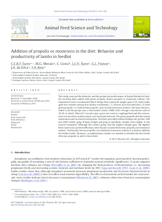 (PDF) Addition of propolis or monensin in the diet: Behavior and ...
