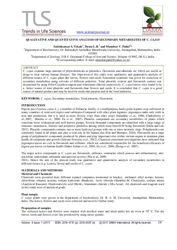 (PDF) QUALITATIVE AND QUANTITATIVE ANALYSIS OF SECONDARY METABOLITES OF ...