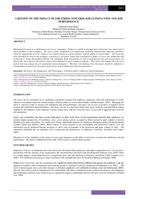 (PDF) A REVIEW ON THE IMPACT OF JOB STRESS TOWARDS JOB SATISFACTION AND ...