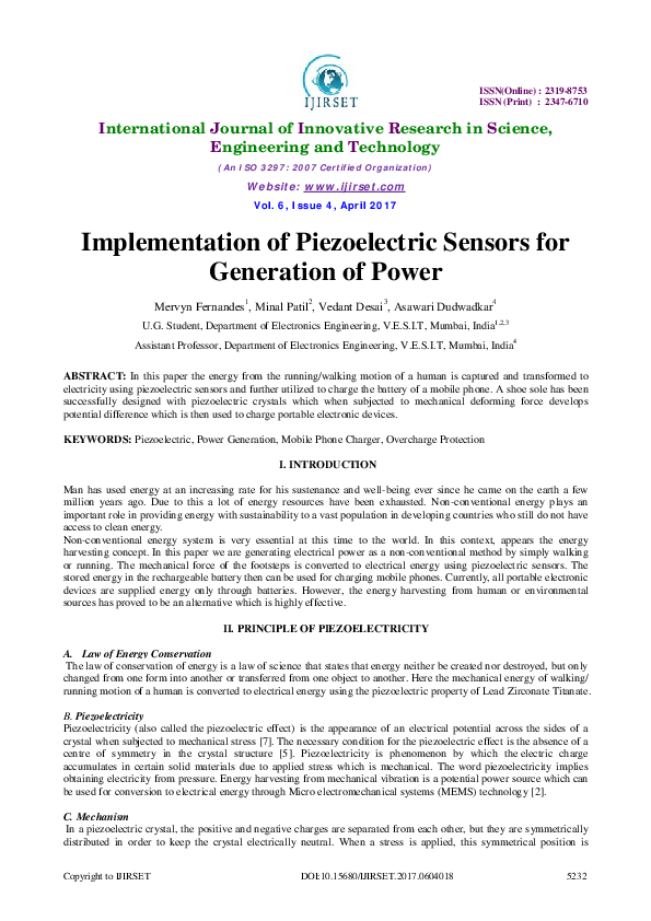 (PDF) Implementation of Piezoelectric Sensors for Generation of Power