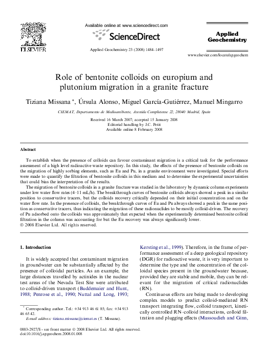 Pdf Role Of Bentonite Colloids On Europium And Plutonium Migration In A Granite Fracture Manuel Mingarro Academia Edu