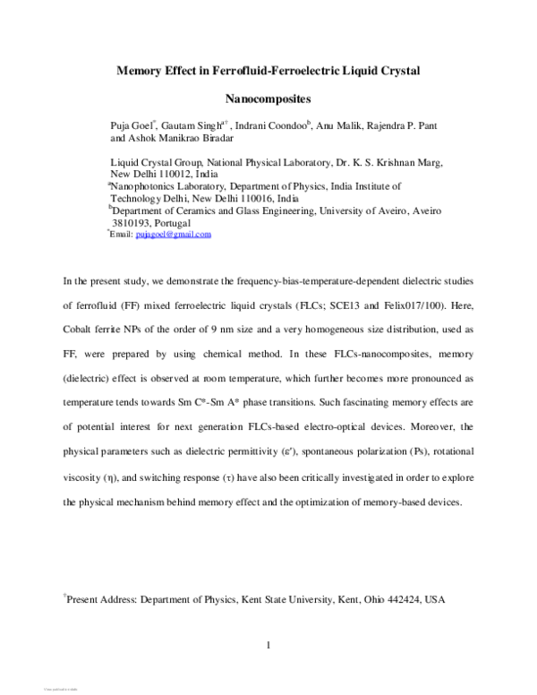(PDF) Memory Effect in Ferrofluid-Ferroelectric Liquid Crystal ...