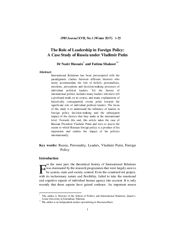 (PDF) The Role of Leadership in Foreign Policy: A Case Study of Russia ...