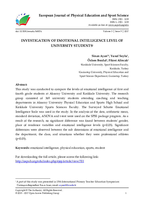 (PDF) INVESTIGATION OF EMOTIONAL INTELLIGENCE LEVEL OF UNIVERSITY STUDENTS