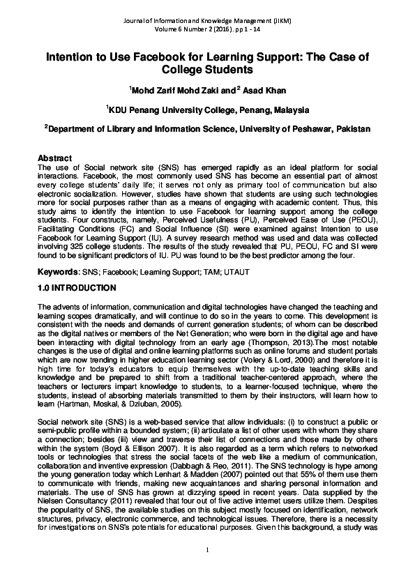 (PDF) Intention to Use Facebook for Learning Support: The Case of ...