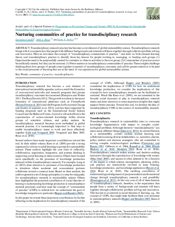 (PDF) Nurturing communities of practice for transdisciplinary research