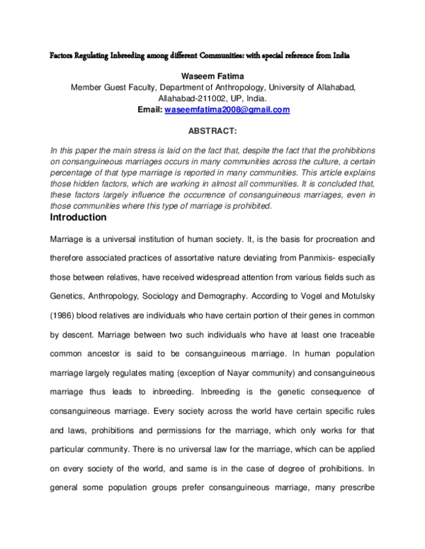 (PDF) Factors Regulating Inbreeding among different Communities: with ...