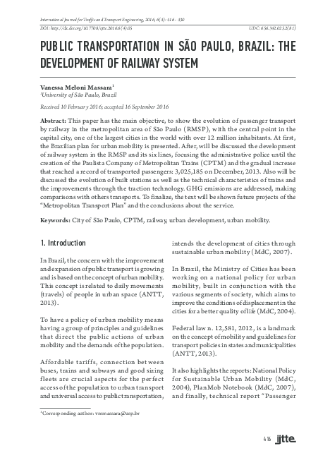 (PDF) PUBLIC TRANSPORTATION IN SÃO PAULO, BRAZIL: THE DEVELOPMENT OF ...