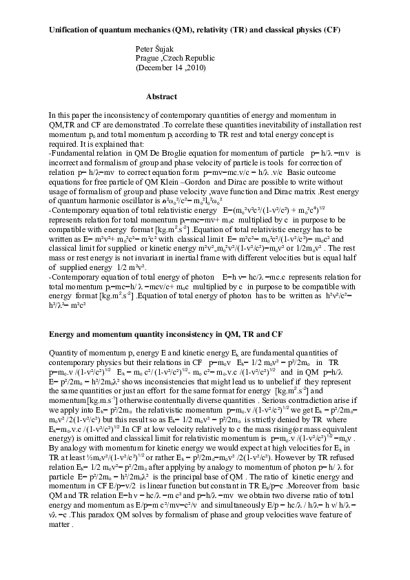 (PDF) Unification of Quantum Mechanics (QM), Relativity (TR) and ...