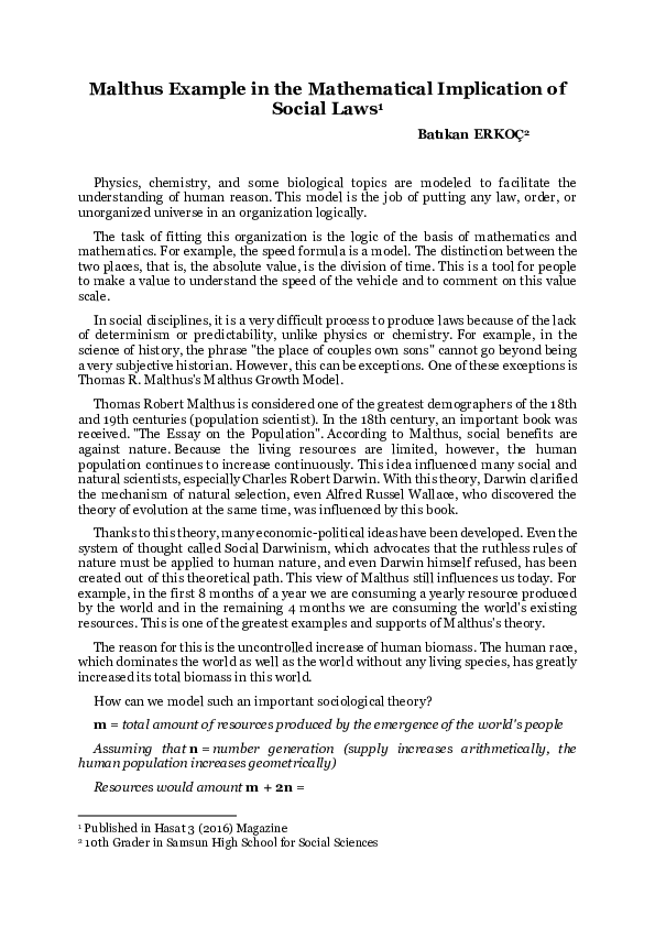 (PDF) Malthus Example in the Mathematical Implication of Social Laws