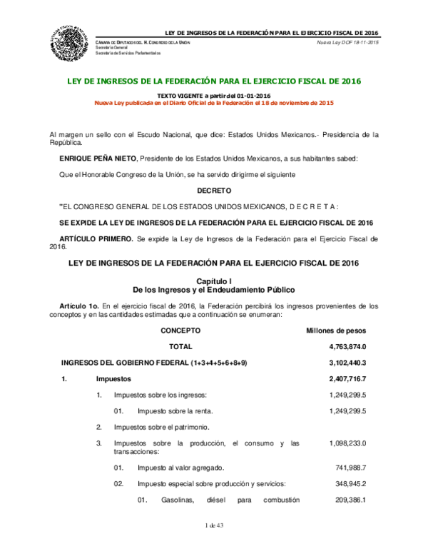 (PDF) LEY DE INGRESOS DE LA FEDERACIÓN PARA EL EJERCICIO FISCAL DE 2016 ...