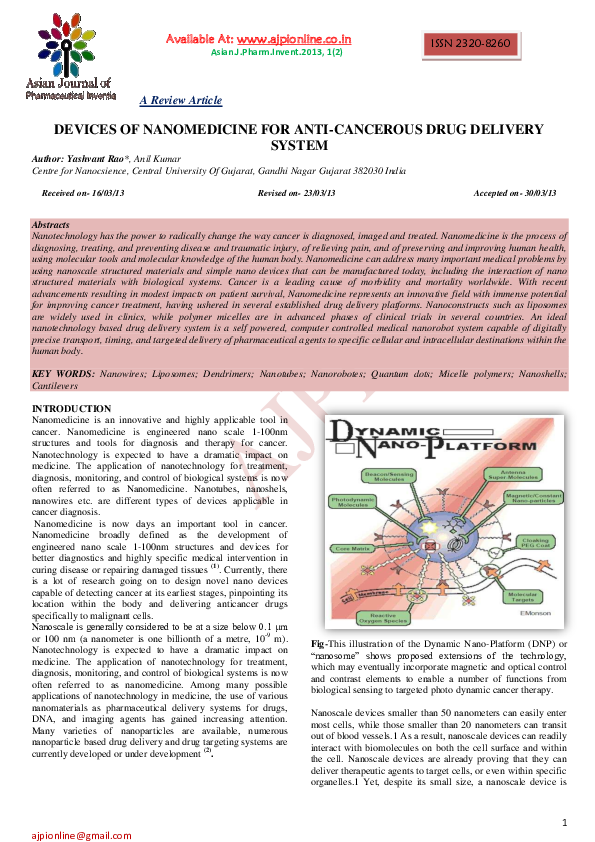 (PDF) DEVICES OF NANOMEDICINE FOR ANTI-CANCEROUS DRUG DELIVERY SYSTEM