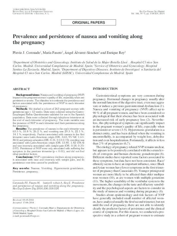 (PDF) Prevalence and persistence of nausea and vomiting along the pregnancy