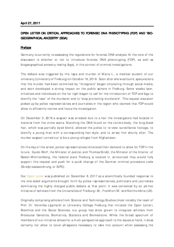 (PDF) OPEN LETTER ON CRITICAL APPROACHES TO FORENSIC DNA PHENOTYPING ...