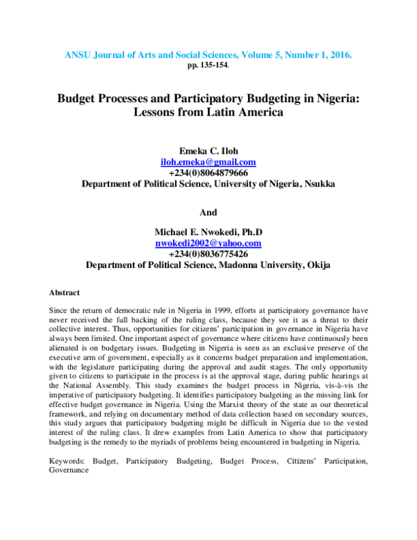 (PDF) Budget Processes and Participatory Budgeting in Nigeria: Lessons ...