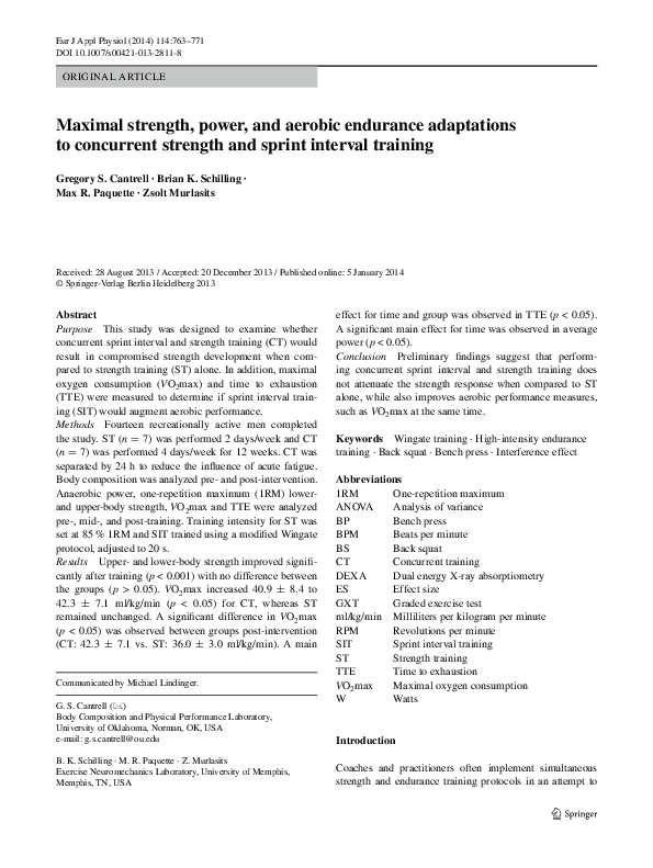 (PDF) Maximal strength, power, and aerobic endurance adaptations to concurrent strength and