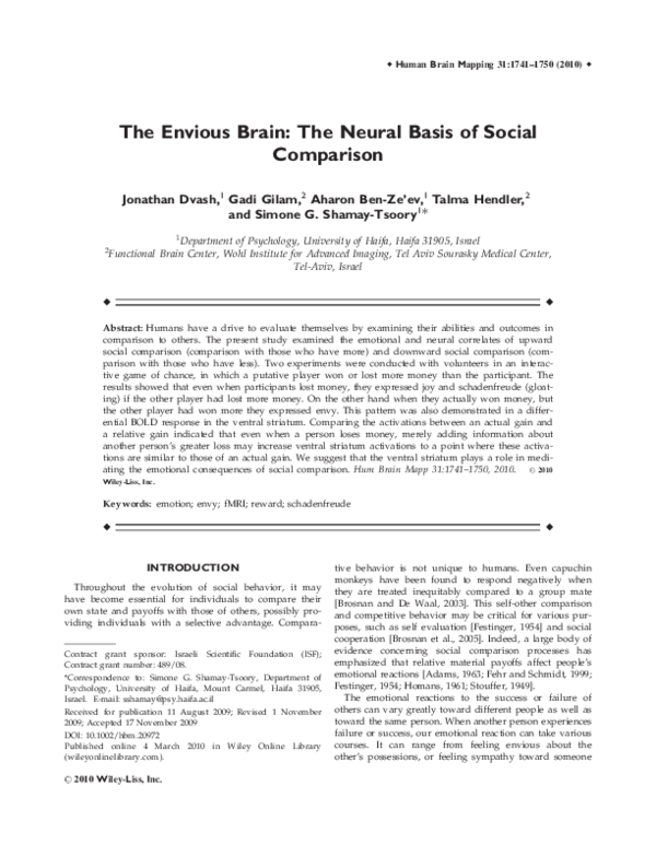 (PDF) The Envious Brain: The Neural Basis of Social Comparison