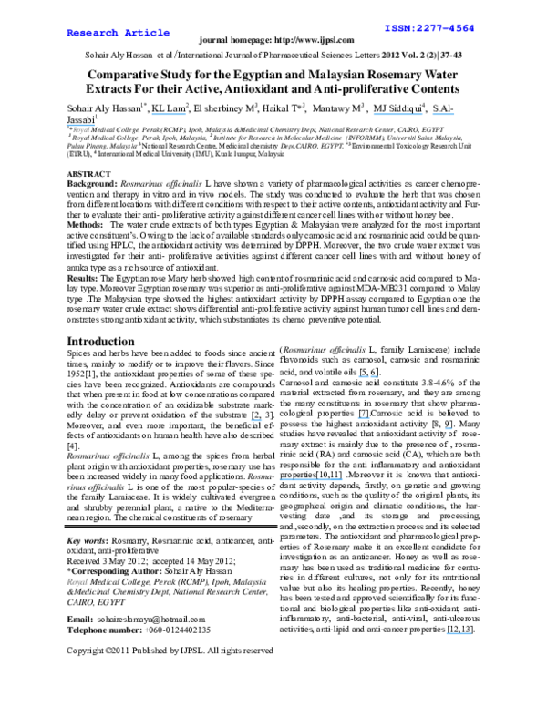 (PDF) Comparative Study for the Egyptian and Malaysian Rosemary Water ...