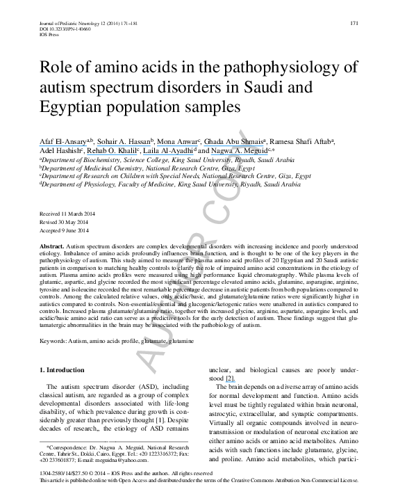 (PDF) Role of amino acids in the pathophysiology of autism spectrum ...