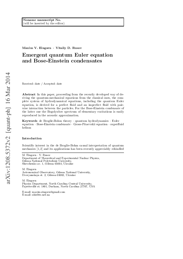 (PDF) Emergent quantum Euler equation and BoseEinstein condensates