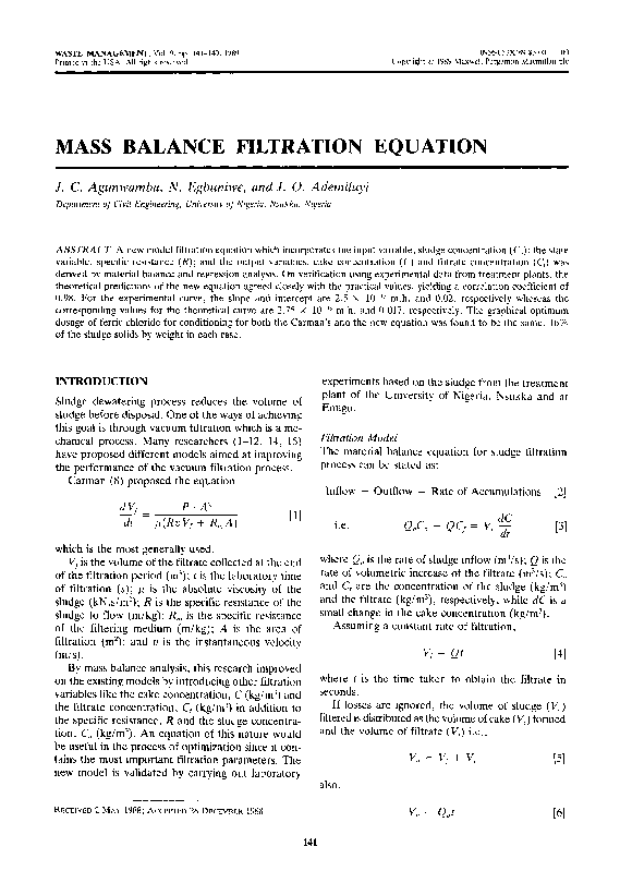 (PDF) Mass balance filtration equation Jonah Agunwamba Academia.edu