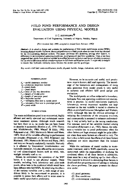 (PDF) Field pond performance and design evaluation using physical models