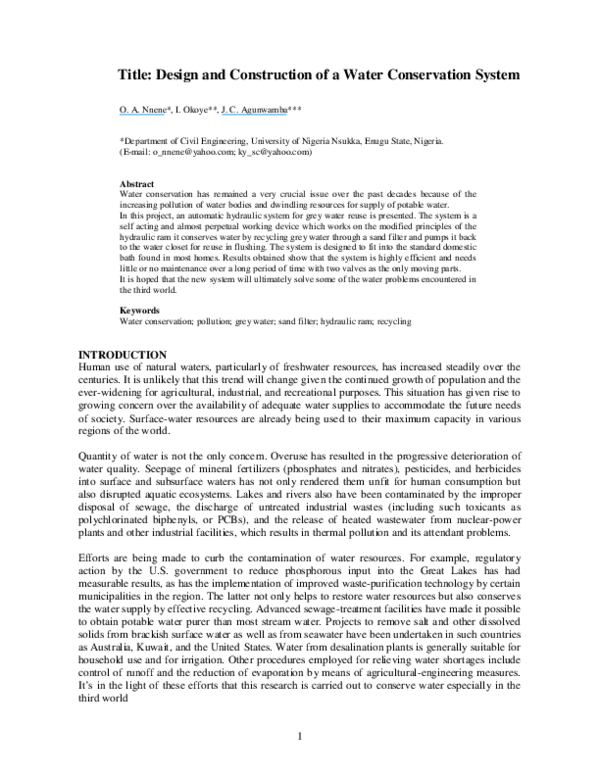 (PDF) Title: Design and Construction of a Water Conservation System