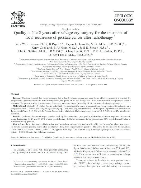 (PDF) Quality of life 2 years after salvage cryosurgery for the treatment of local recurrence of