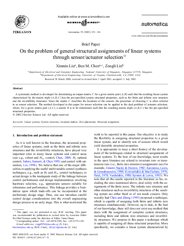 (PDF) On the problem of general structural assignments of linear ...