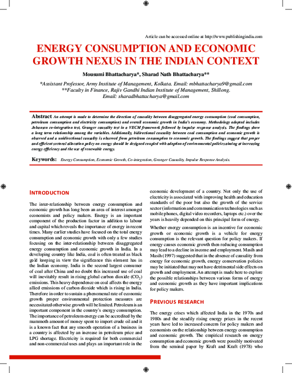 (PDF) Energy Consumption and Economic Growth Nexus in the Indian Context