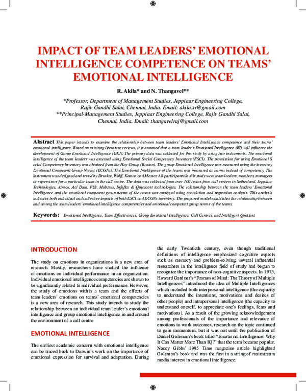 (PDF) Impact of team Leaders' emotIonaL InteLLIgence competence on ...