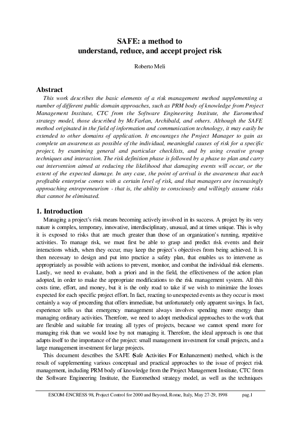 (PDF) SAFE: a method to understand, reduce, and accept project risk