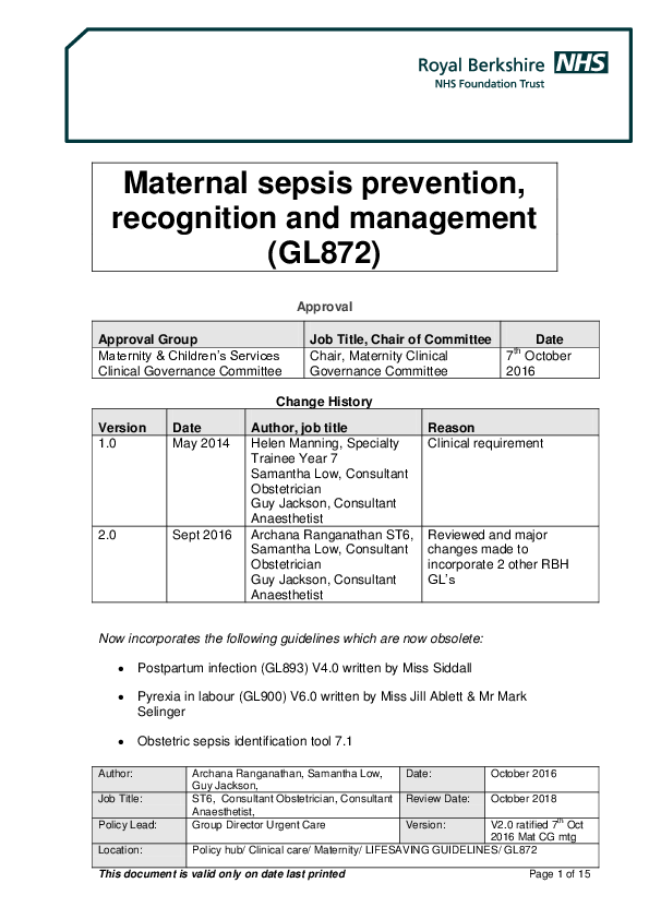 (PDF) Maternal sepsis prevention, recognition and management (GL872