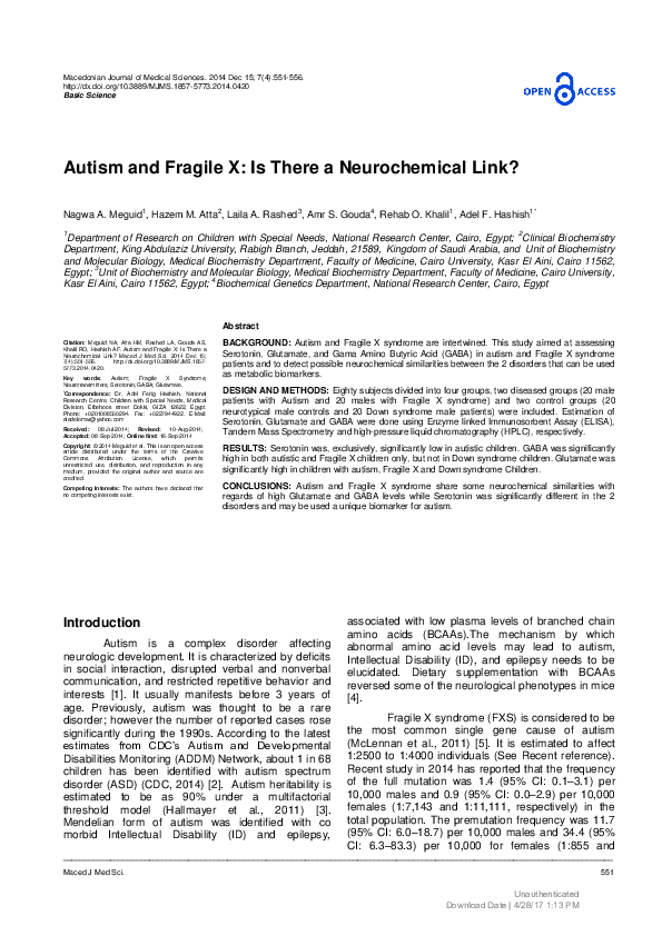 (PDF) Autism and Fragile X: Is There a Neurochemical Link?