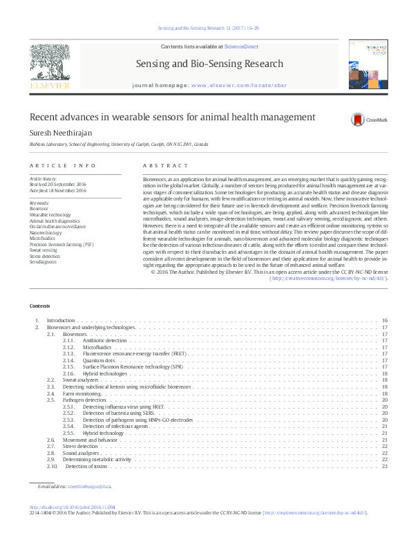 (PDF) Recent advances in wearable sensors for animal health management