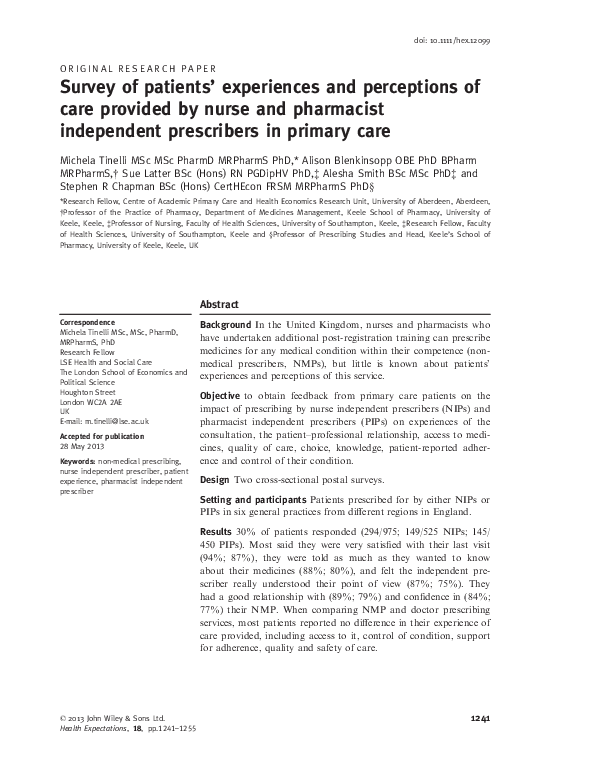 (PDF) Survey of patients' experiences and perceptions of care provided ...