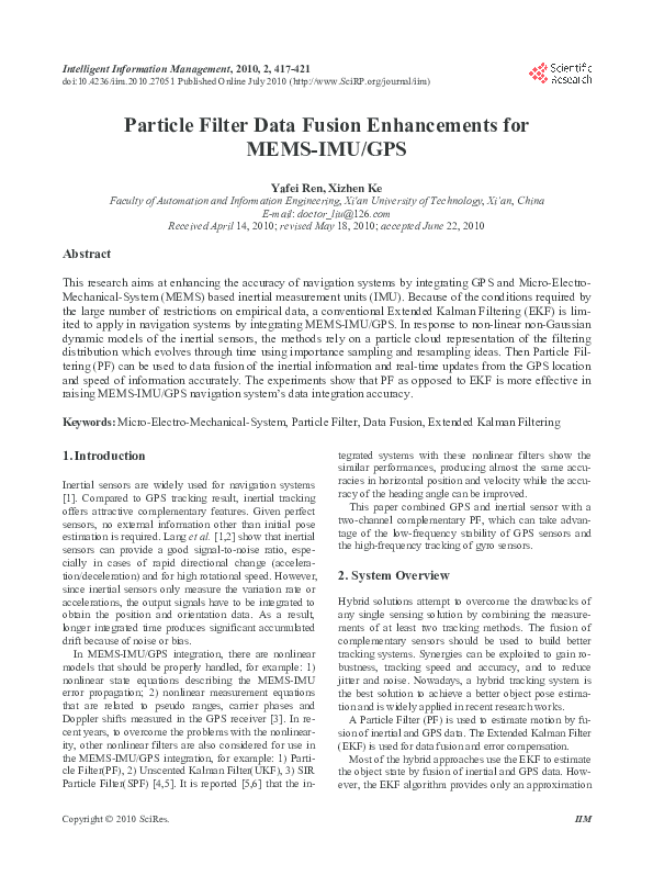(PDF) Particle Filter Data Fusion Enhancements for MEMS-IMU/GPS