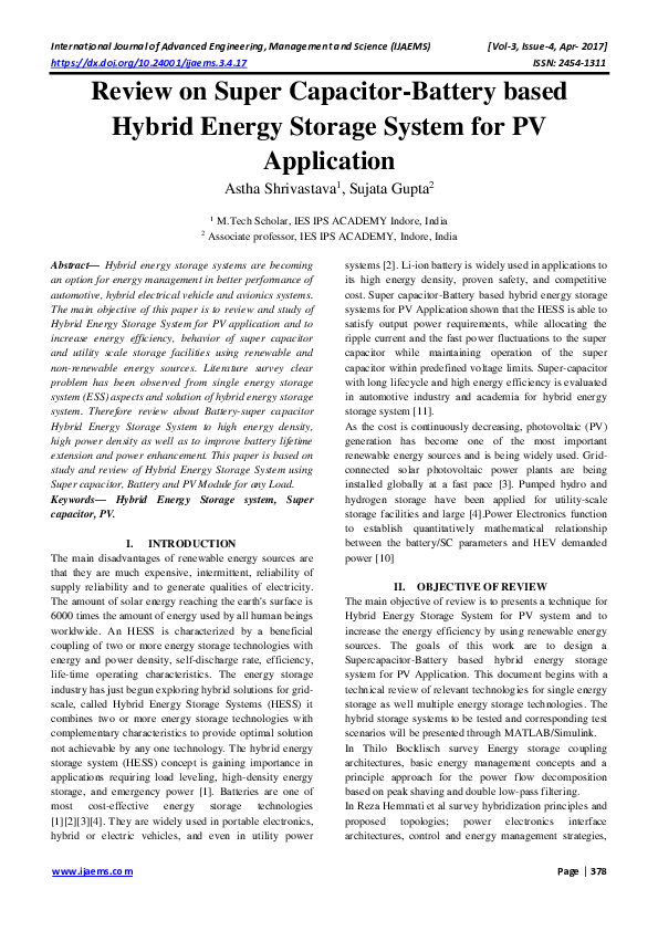 Pdf Review On Super Capacitor Battery Based Hybrid Energy Storage